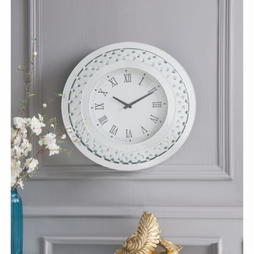 20 Inch Analog Wall Clock, Round Mirror Frame, Faux Crystals Inlay, White, 1 unit Ralphs