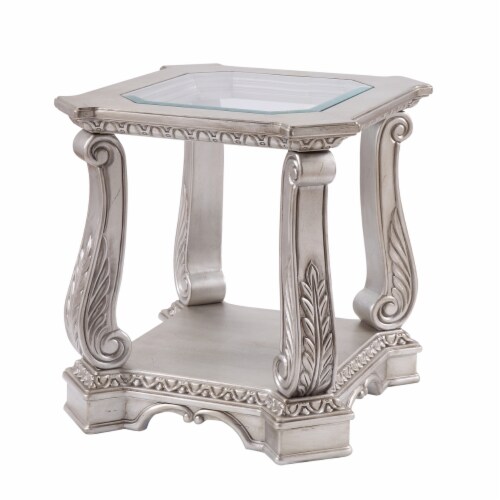 Antique Wooden End Table with Polyresin Engravings and Glass Top, Silver and Clear- Saltoro Perspective: front