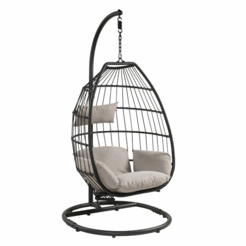 Patio Hanging Chair with Stand, Beige Fabric & Black Wicker Perspective: front