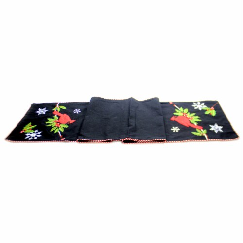 Christmas Black Table Runner W/Cardinal Cotton Embroidered Snowflakes 53127D Perspective: front