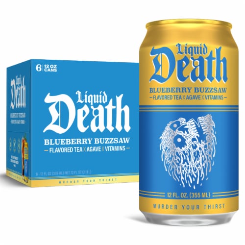 Liquid Death, Blueberry Buzzsaw Iced Tea, Blueberry Flavored Black Tea Perspective: front