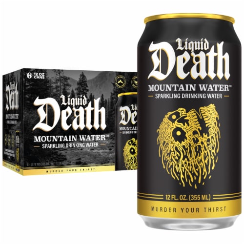 Liquid Death, Sparkling Mountain Water, Real Mountain Source, 100% American Made Perspective: front