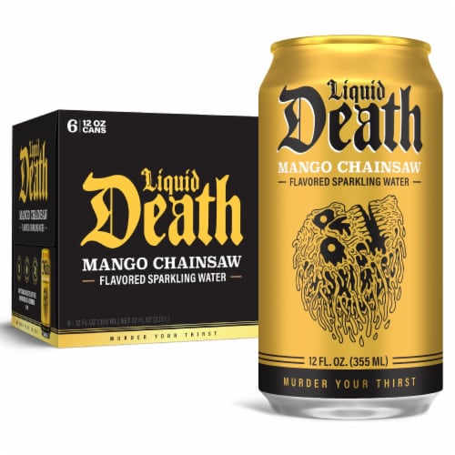 Liquid Death, Mango Chainsaw, Mango-Flavored Sparkling Water Perspective: front