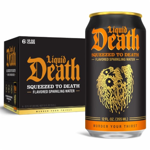 Liquid Death, Squeezed to Death, Orange-Flavored Sparkling Water Perspective: front