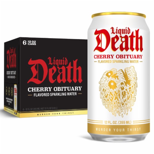 Liquid Death, Cherry Obituary, Cherry-Flavored Sparkling Water Perspective: front