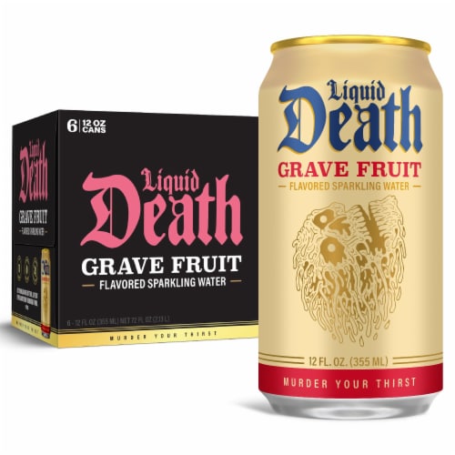 Liquid Death, Grave Fruit, Grapefruit-Flavored Sparkling Water Perspective: front