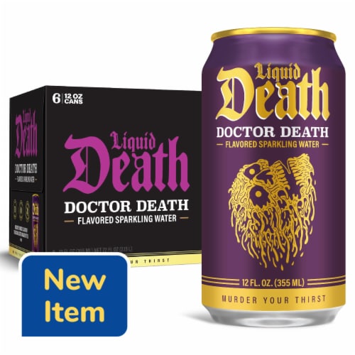 Liquid Death Doctor Death Soda Flavored Sparkling Water Cans Perspective: front