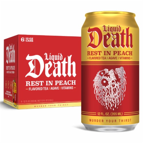 Liquid Death, Rest in Peach Iced Tea, Peach Flavored Back Tea Perspective: front