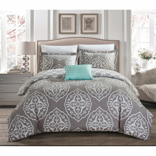 Abello 4 Piece Reversible Duvet Cover Set Two-Tone Medallion Print Zipper Closure Bedding Perspective: front