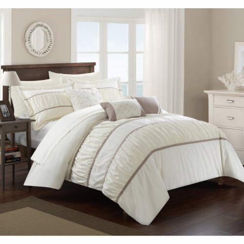 10-Piece Aero Pleated & Ruffled Bed in a Bag Comforter and Sheet Set Beige King Perspective: front