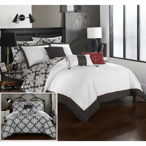 Chic Home 10 Piece Naira Black and White REVERSIBLE Medallion printed PLUSH Hotel Collection Perspective: front
