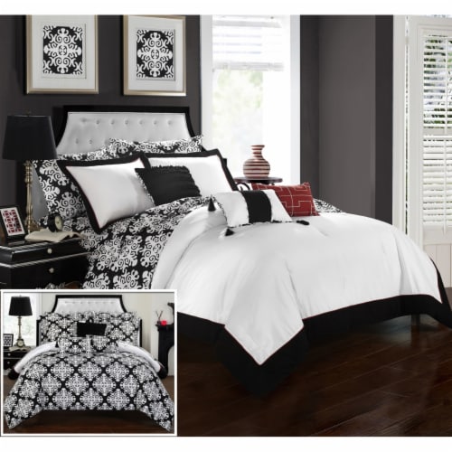 Chic Home 10 Piece Naira Black and White REVERSIBLE Medallion printed PLUSH Hotel Collection Perspective: front