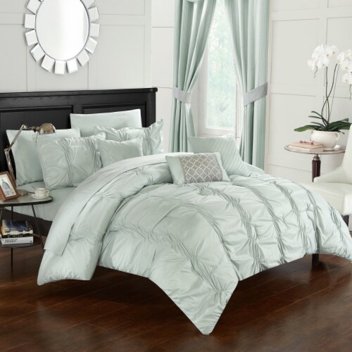 10 Piece Voni Pinch Pleated, ruffled and pleated complete Bed In a Bag Comforter Set Sheets Perspective: front