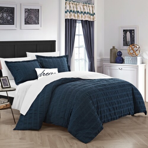 Calamba 4 Piece Duvet Cover Set 100% Cotton 200 Thread Count Ruched Ruffled Striped Design Perspective: front
