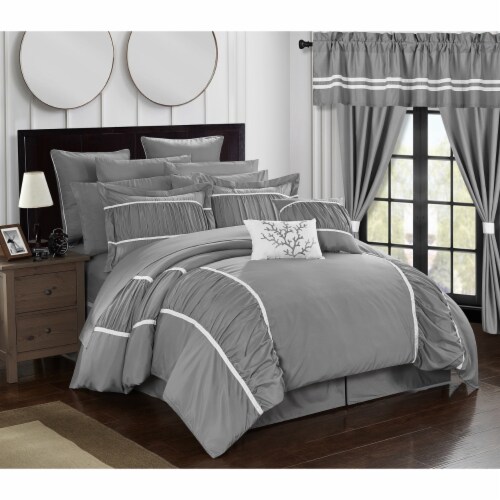 24 Piece Marian Complete bedroom in a bag Pinch Pleat Ruffled Designer Embellished Bed In a Perspective: front