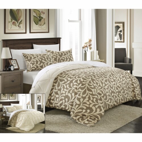 Chic Home 3-Piece Tirina Pleated Pin tuck Reversible Duvet Set Beige Queen Perspective: front