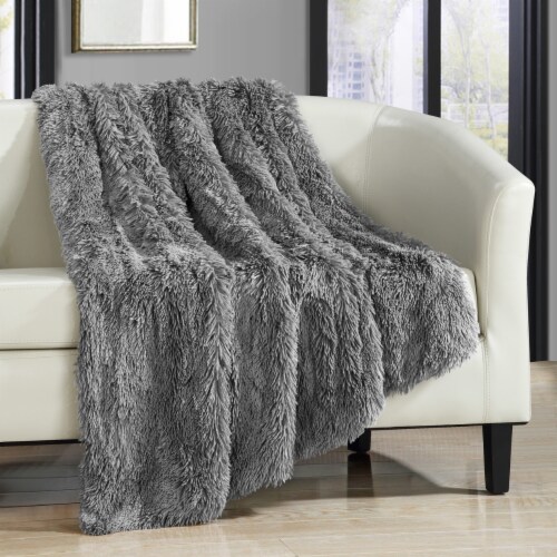 Alaska Shaggy Supersoft Faux Fur Throw Blanket Silver Perspective: front