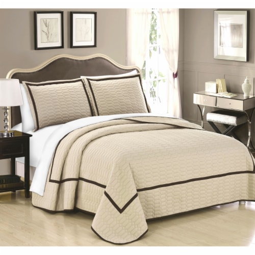 3 or 2 Piece Halrowe Hotel Collection 2 tone banded Quilted Geometrical Embroidered Quilt Perspective: front