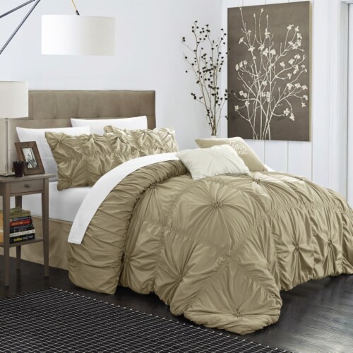 Hilton 10 Piece Comforter Set Floral Pinch Pleated Ruffled Designer Embellished Bed in a Bag Perspective: front