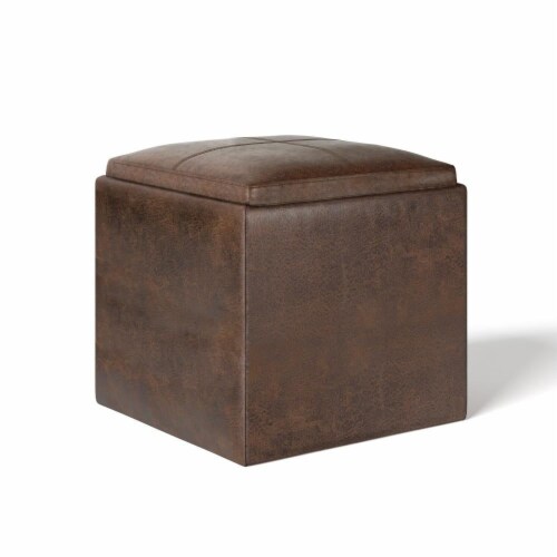 Rockwood Cube Storage Ottoman with Tray in Distressed Brown Faux
