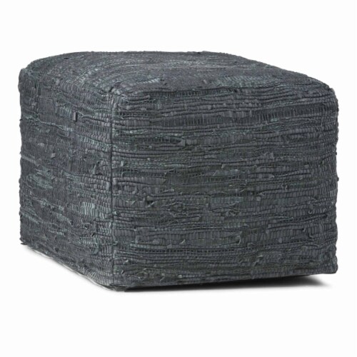 Simpli Home Fredrik Boho Square Pouf in Gray Woven Genuine Leather