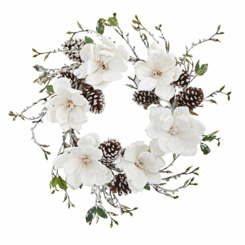 Nearly Natural 4185 24 in. Snowed Magnolia & Pine Cone Wreath Perspective: front
