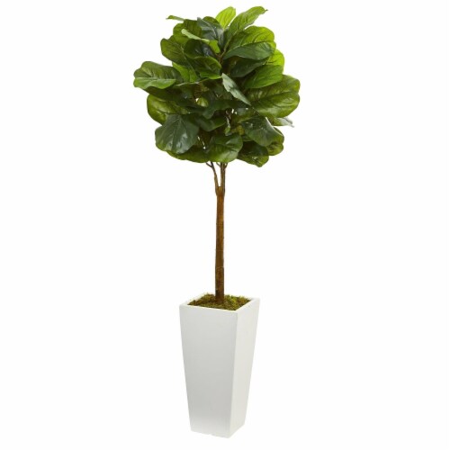 Nearly Natural NEN-5873-IFS 4 ft. Fiddle Leaf Artificial Tree in White Tower Planter Silk Tre Perspective: front