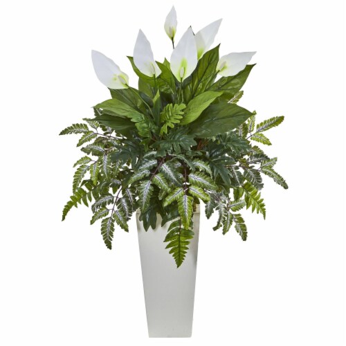 Nearly Natural 6403 Mixed Spathifyllum Artificial Plant in White Tower Vase Perspective: front