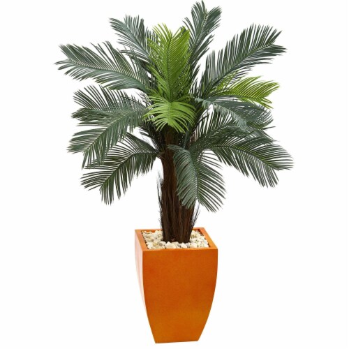 Nearly Natural 5790 4.5 ft. Cycas Artificial Tree in Orange Planter UV Resistant - Indoor & O Perspective: front