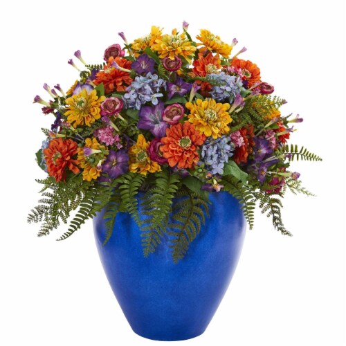 Nearly Natural 1553 Giant Mixed Floral Artificial Arrangement in Blue Vase Perspective: front