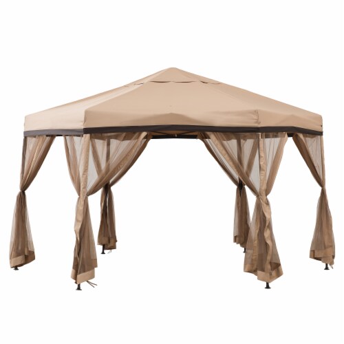 Sunjoy Two-Tone Hexagonal Steel Portable Pop-Up Gazebo - Tan & Brown Perspective: front