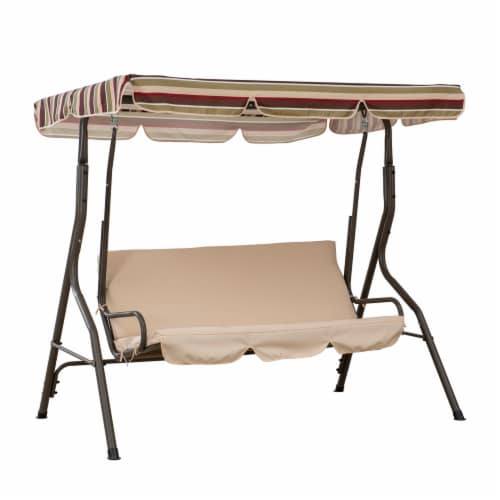 Sunjoy Tan Striped 3 Seat Outdoor Swing with Canopy Perspective: front