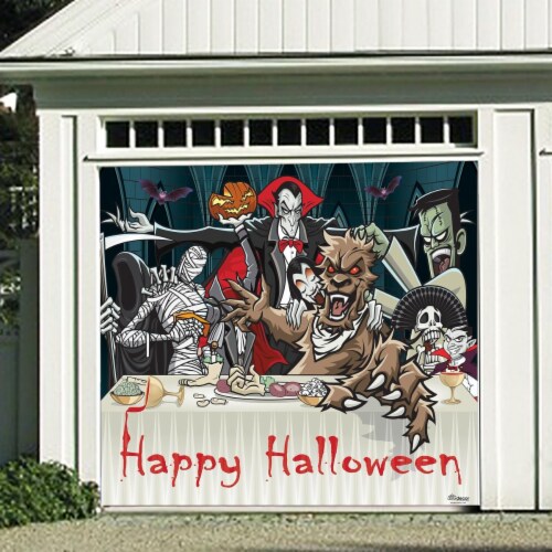 My Door Decor 285903HALL-004 7 x 8 ft. Draculas Halloween Dinner Door Mural Sign Banner Decor Perspective: front