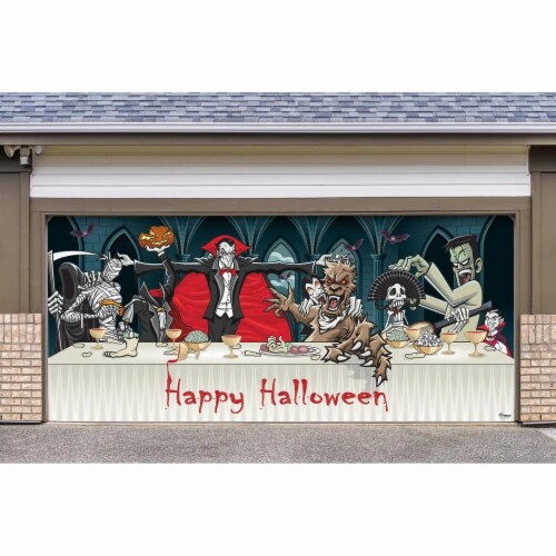 My Door Decor 285905HALL-002 7 x16 ft. Draculas Halloween Dinner Outdoor Halloween Holiday Do Perspective: front