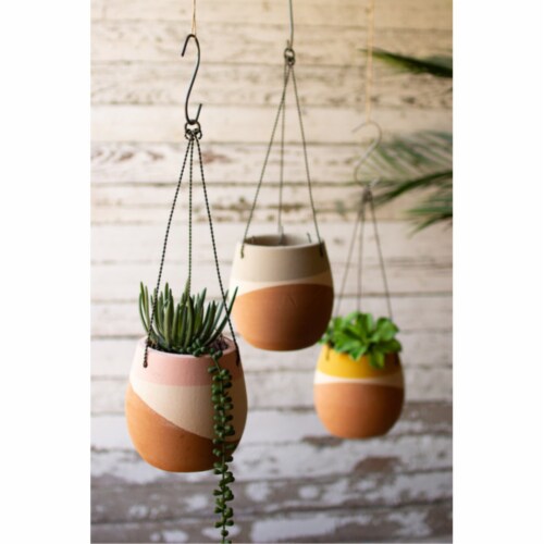 Set Of Three Color Dipped Hanging Clay Pots Perspective: front