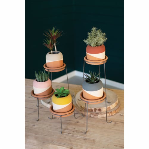 Set Of Five Color Dipped Clay Pots With Metal Bases Perspective: front