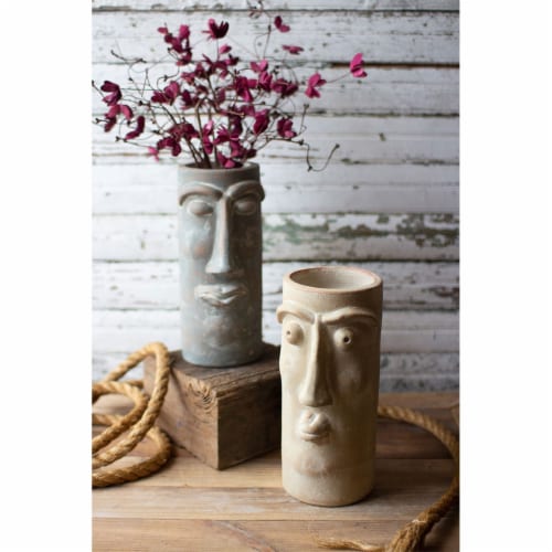 Set Of Two Clay Face Vases Perspective: front