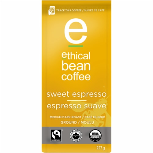 Ethical Bean Fairtrade Organic Coffee, Sweet Espresso Medium Dark Roast, Ground Espresso Coffee Perspective: front