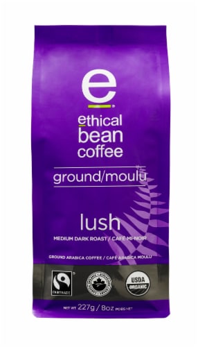 Ethical Bean Fairtrade Organic Coffee, Lush Medium Dark Roast, Ground Coffee Perspective: front