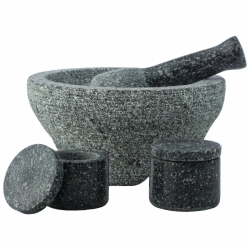 HealthSmart 4-piece Granite Molcajete Set, Mortar & Pestle with 2 Spice Containers Perspective: front