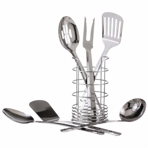 7-Piece Stainless Steel Kitchen Set w/ Meat Fork, 2 Spatulas, 2 Spoons, Ladle and Caddy Perspective: front