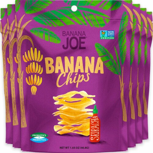 Banana Chips Sriracha (6 Packs) Gluten Free, Vegan, healthy chips for kids adults Perspective: front