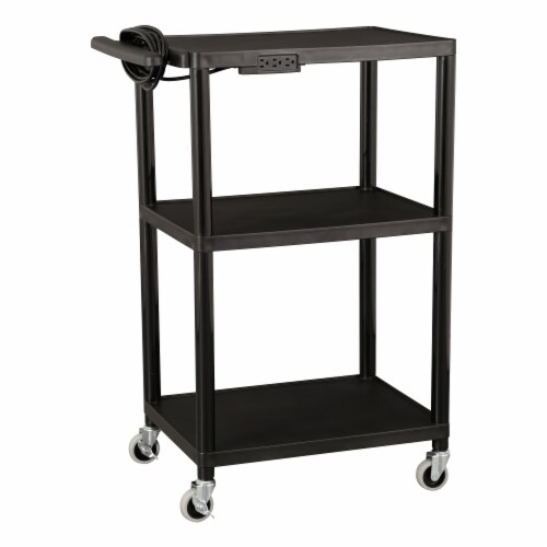 Adjustable-Height Mobile Black Plastic Utility AV Cart with Power Strip Perspective: front