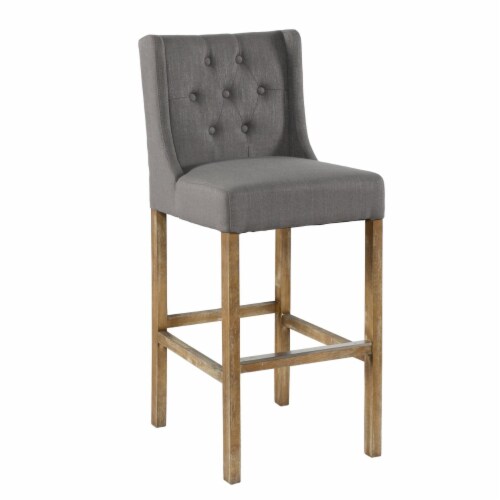 Wooden Barstool with Padded Seat, Button Tufted, Wing Back, Set of 2, Gray and Brown- Saltoro Perspective: front