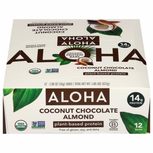 Aloha Coconut Chocolate Almond Plant-Based Protein Bars Perspective: front