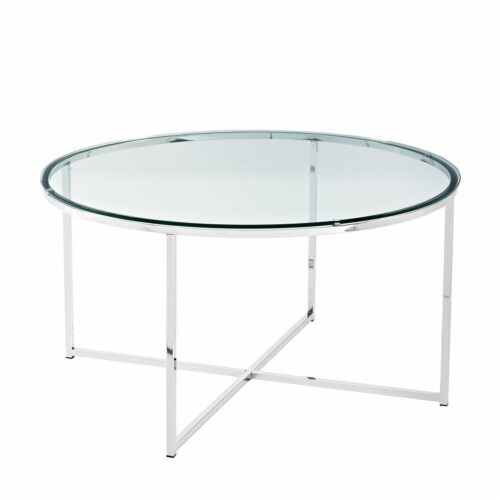 Walker Edison 36 Coffee Table with Metal X Base Glass and Chrome