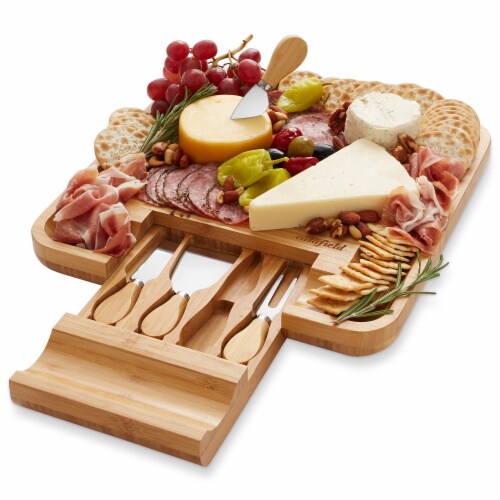 Bamboo Cheese Board & Knife Gift Set, Charcuterie Serving Tray Perspective: front
