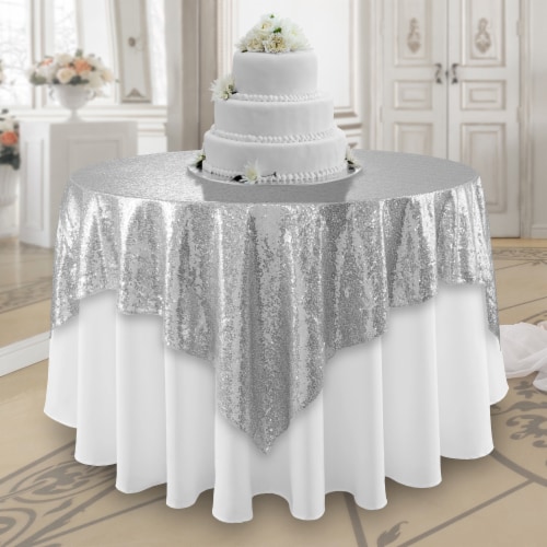 72 x 72 Silver Sequin Tablecloth Overlay, Sparkly Square Table Cloth Perspective: front