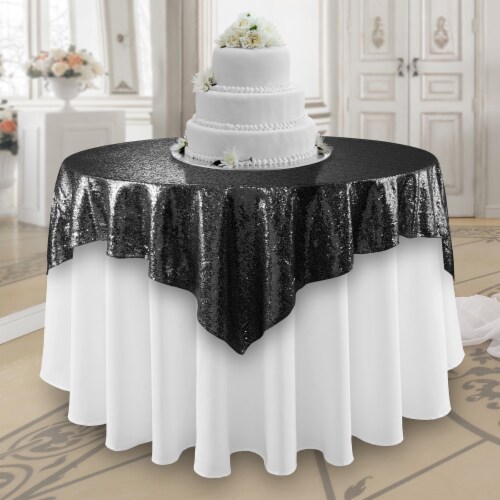 50 x 50 Black Sequin Tablecloth Overlay, Sparkly Square Table Cloth Perspective: front