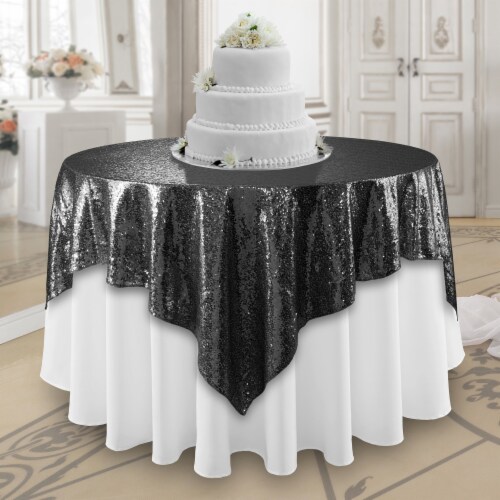 72 x 72 Black Sequin Tablecloth Overlay, Sparkly Square Table Cloth Perspective: front